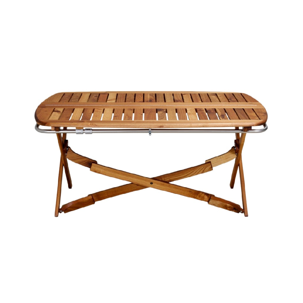 "Elegant Foldable Wooden Table with Slatted Design"