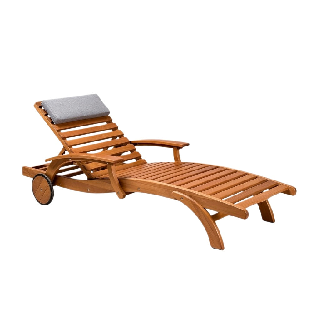 Wooden Lounge Chair with Cushioned Headrest and Wheels