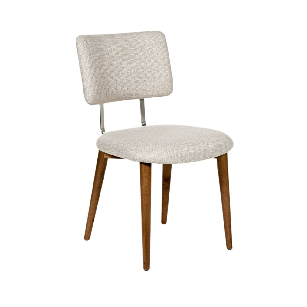"Sleek Beige Upholstered Dining Chair with Wooden Legs"