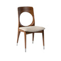 "Modern Wooden Dining Chair with Circular Cutout and Striped Cushion"