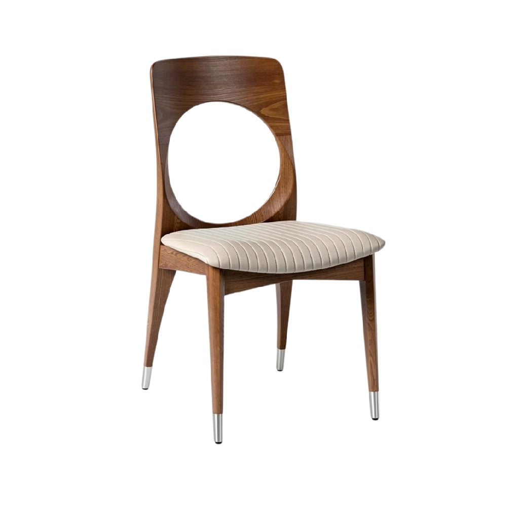 "Modern Wooden Dining Chair with Circular Cutout and Striped Cushion"